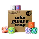 Who Gives A Crap 100% Recycled 3 Ply Double Length Toilet Paper Rolls, 400 Sheets, Pack of 48